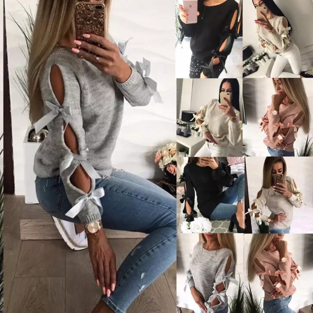 RESTOCKED! Gray bow tie pullover o neck sweater - Picture 4 of 8